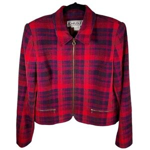 CARLISLE Red Plaid Zip Up Wool Blend Tweed Jacket Blazer Size 12